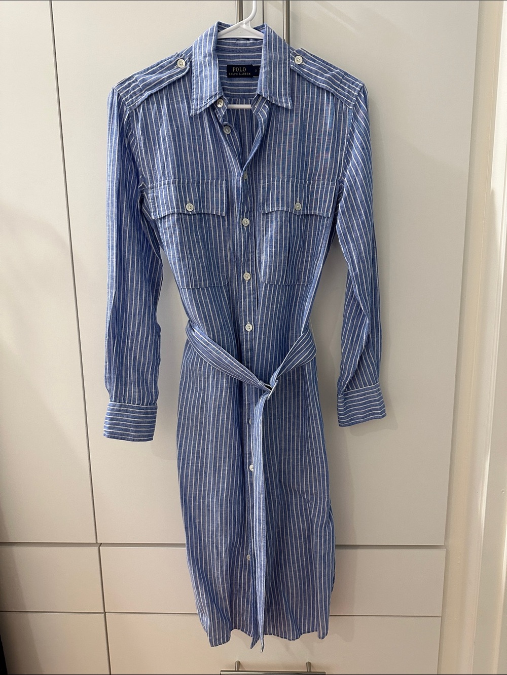 Polo by Ralph Lauren Blue and White Striped Long Sleeve Linen Shirt Dress